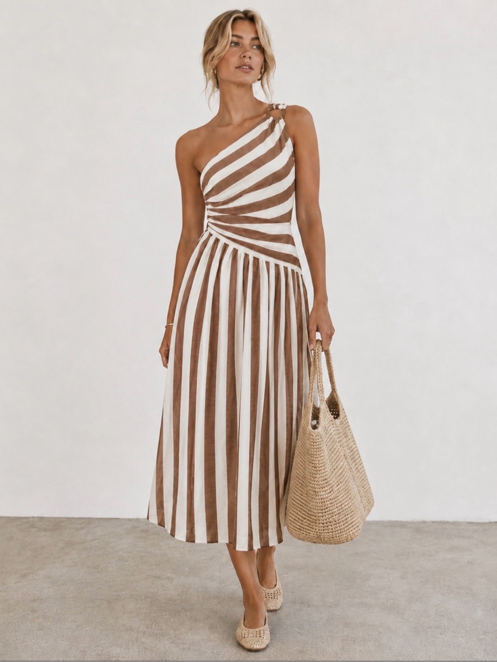 Commense One-Shoulder Brown and White Striped Midi Dress